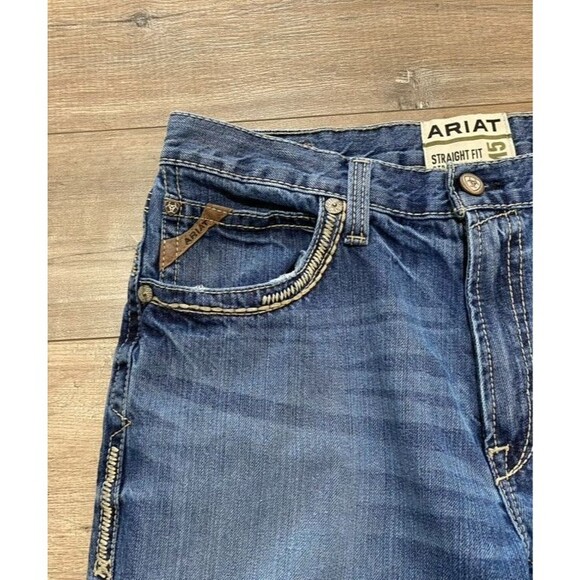 Ariat M5 Straight Mens 34X36 Tall Western Embroidered Stitch Blue Jeans Whiskers - Picture 3 of 10